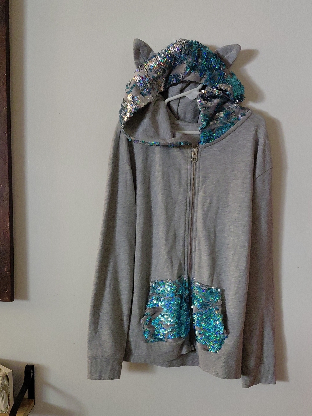 Justice Gray Hoodie with Blue-Green Sequin Accents